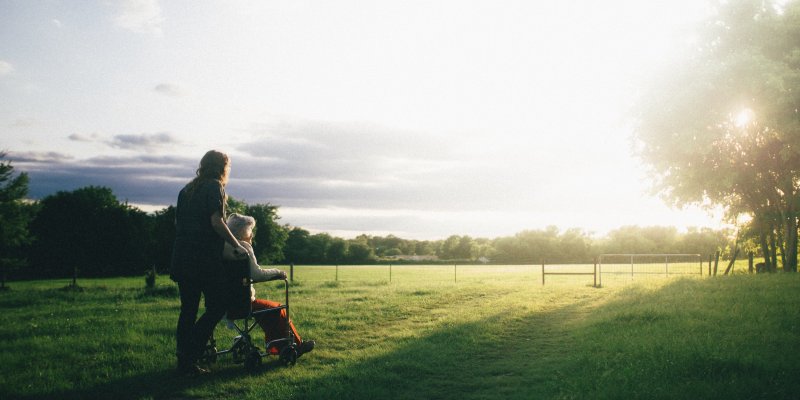 person in wheelchair with companion, in a field